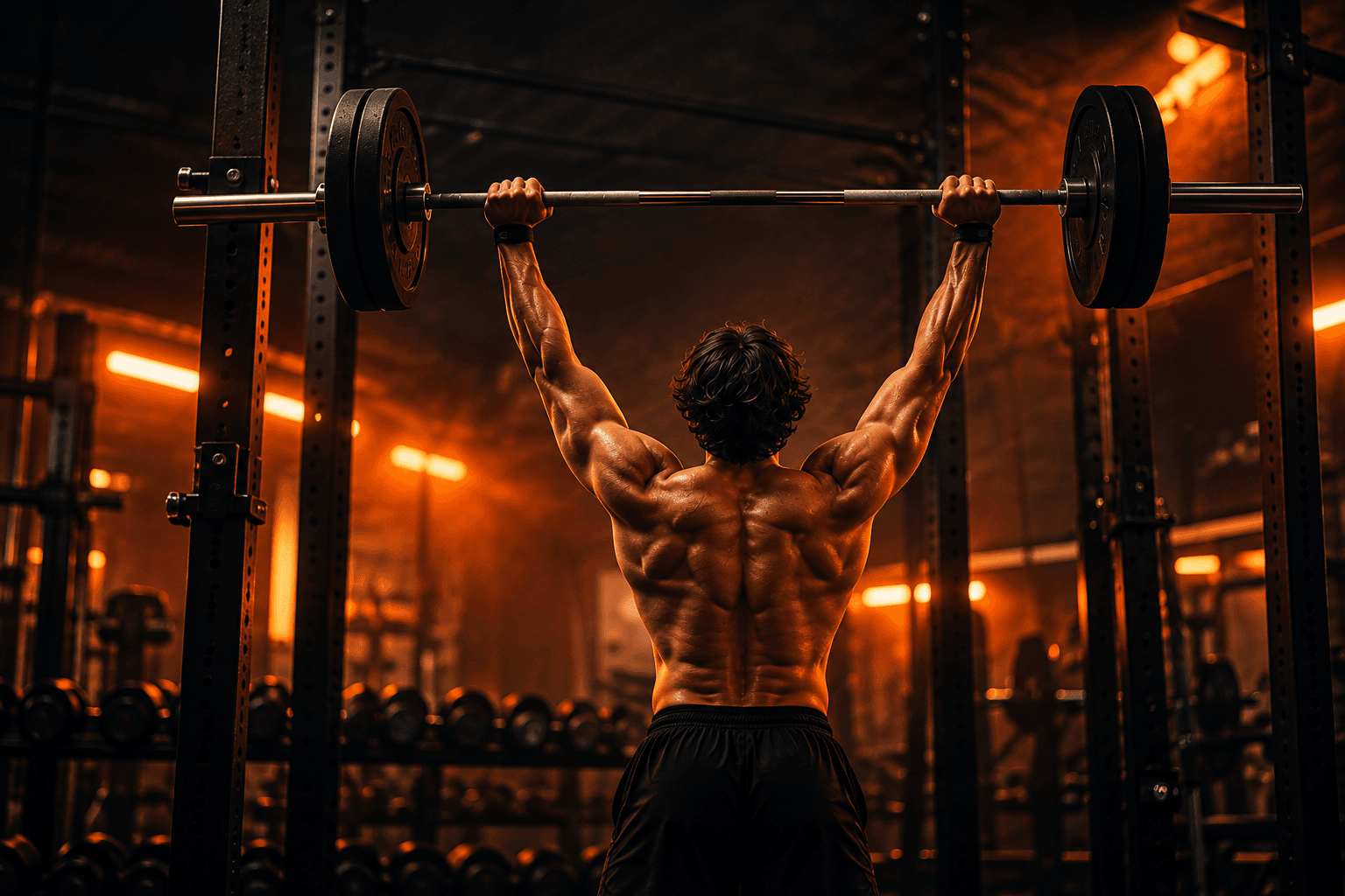 Athlete pressing a barbell overhead in a dark, cinematic gym